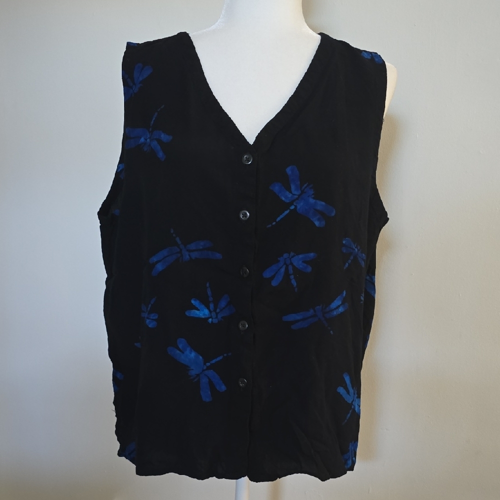 Black Button Down Shirt with Blue Dragonfly Pattern